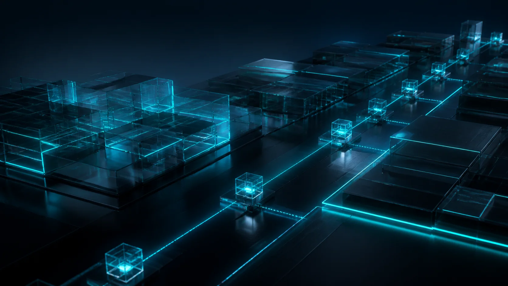 Balanced glass ledger blocks joined by precise cyan checkpoints