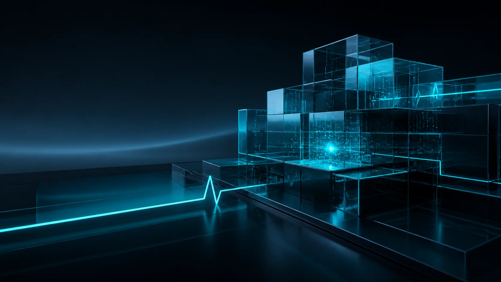 Protected glass compartments connected by a cyan path