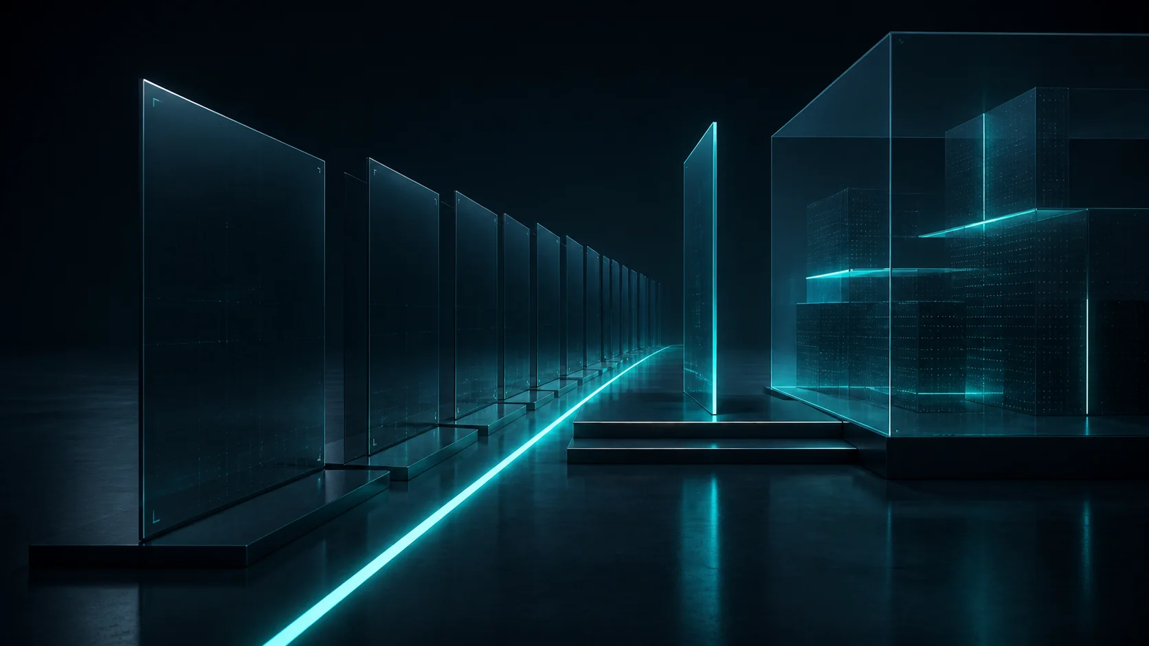 Orderly glass archive panels leading to a cyan review threshold